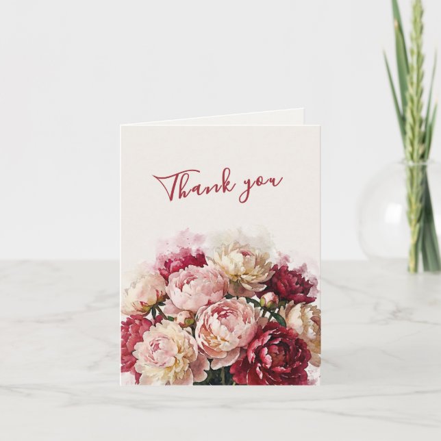 Watercolour Blommor | Romantisk Peony Bröllop Tack Kort (Framsida)