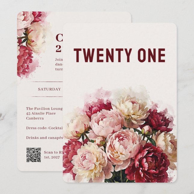 Watercolour Blooms | Peony 21-årsdag Inbjudningar (Fram/baksida)