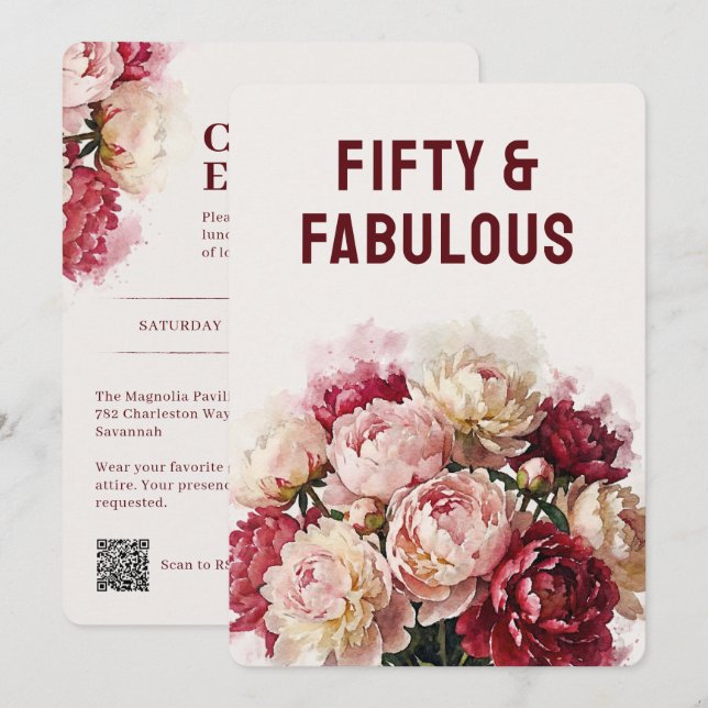 Watercolour Blooms | Peony 50-årsdag Inbjudningar (Fram/baksida)