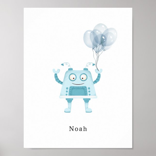 Watercolour Blue Robot With Balloons Name Poster (Framsidan)