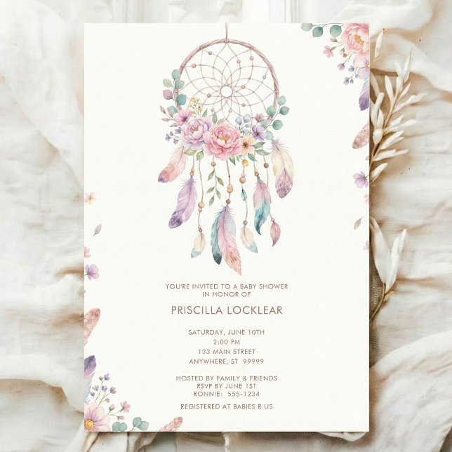 watercolour Boho flower Dreamcatcher Baby Shower Inbjudningar (Skapare uppladdad)