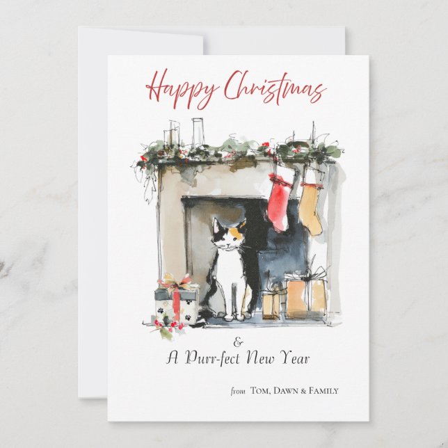 Watercolour Cat-themed Sketch Christmas Card Inbjudningar (Framsida)