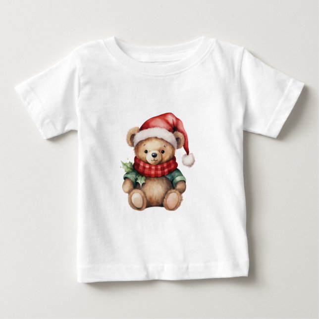Watercolour Christmas Teddy Bear T Shirt (Framsida)