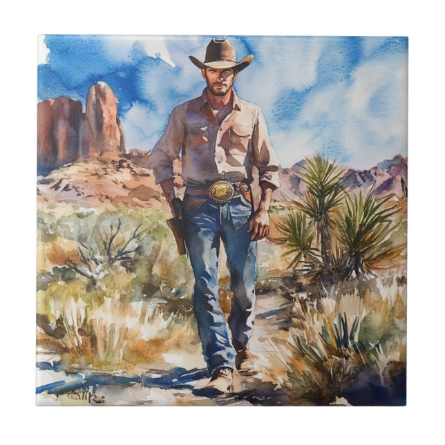 Watercolour Cowboy in Desert Kakelplatta (Framsidan)