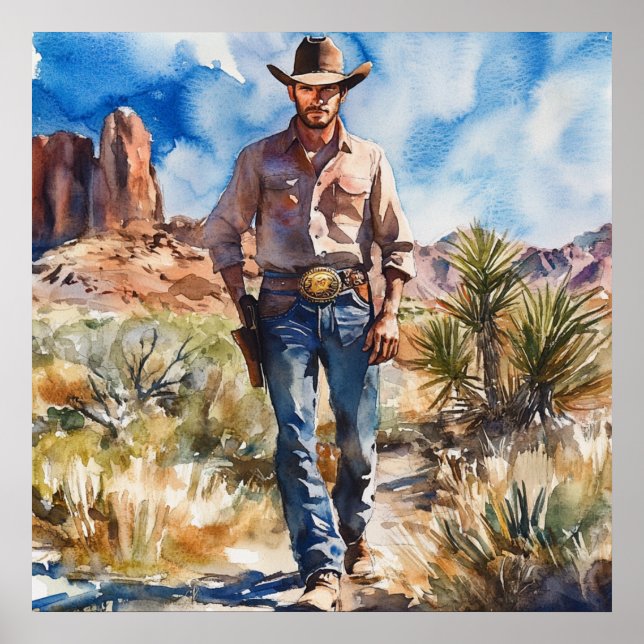 Watercolour Cowboy in Desert Poster (Framsidan)
