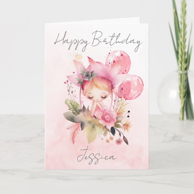 Watercolour Floral Fairy Birthday Card Kort (Framsida)