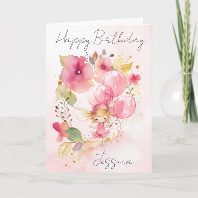 Watercolour Floral Fairy Birthday Card Kort (Framsida)