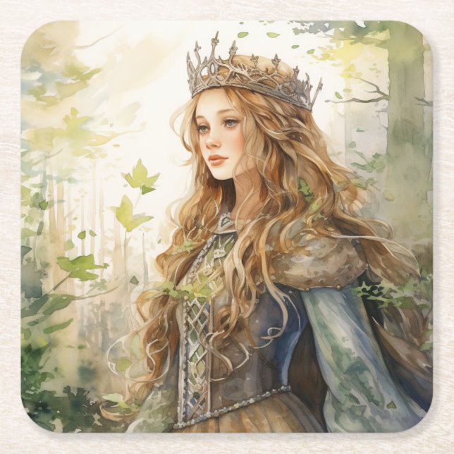 Watercolour Forest Princess Underlägg Papper Kvadrat (Framsidan)