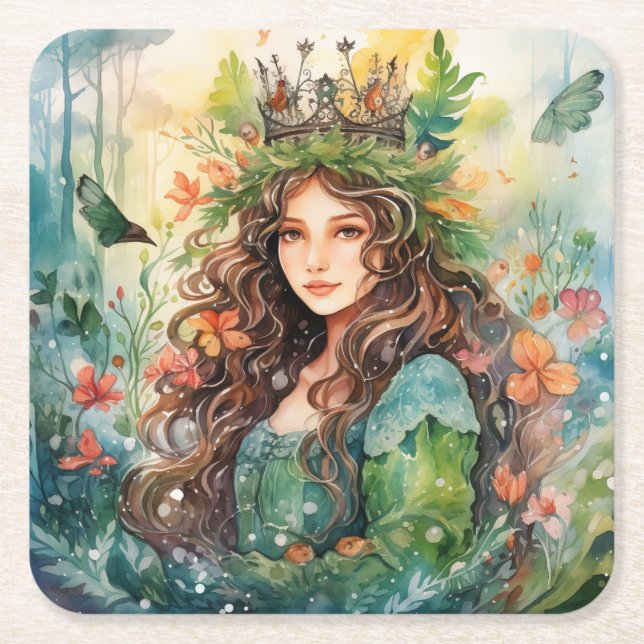 Watercolour Forest Princess Underlägg Papper Kvadrat (Framsidan)