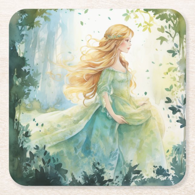 Watercolour Forest Princess Underlägg Papper Kvadrat (Framsidan)