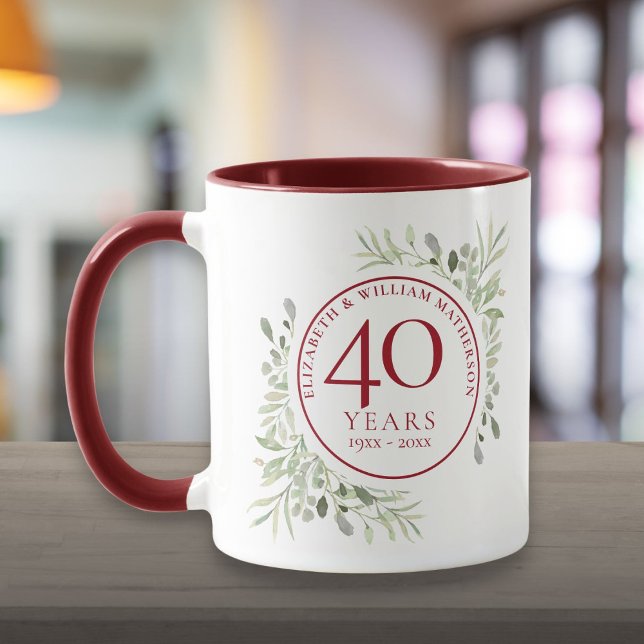 Watercolour Greenery Blad 40-årsjubileum Mugg (Soft Watercolour Leaves 40th Anniversary Mug)