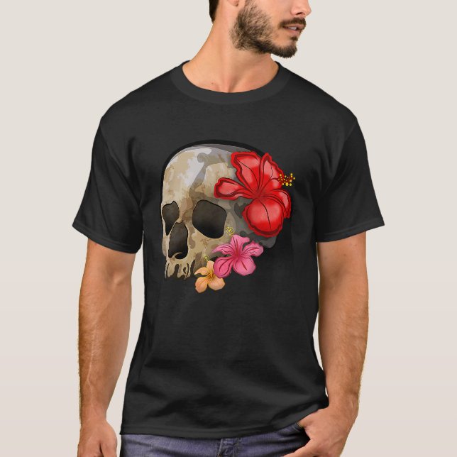 Watercolour hippie gothic skull hibiscus floral Ha T Shirt (Framsida)