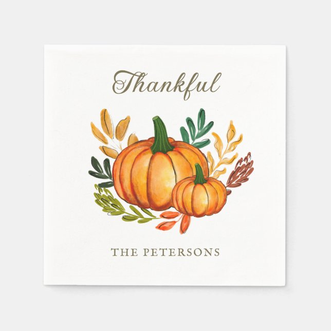 Watercolour Rustic Pumpkin Thanksgiving Dinner Pappersservett (Framsidan)