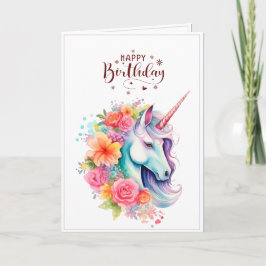 Watercolour Unicorn Floral Happy Birthday Card Kort