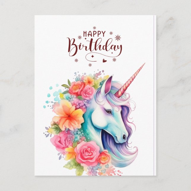 Watercolour Unicorn Floral Happy Birthday PostCard Vykort (Framsida)