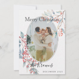 Watercolour Winter Berries Photo Christmas Card Inbjudningar