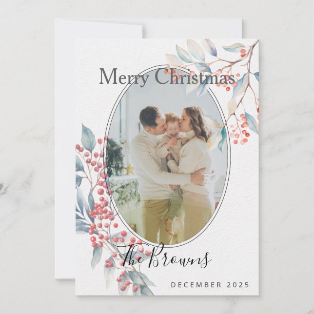 Watercolour Winter Berries Photo Christmas Card Inbjudningar (Framsida)
