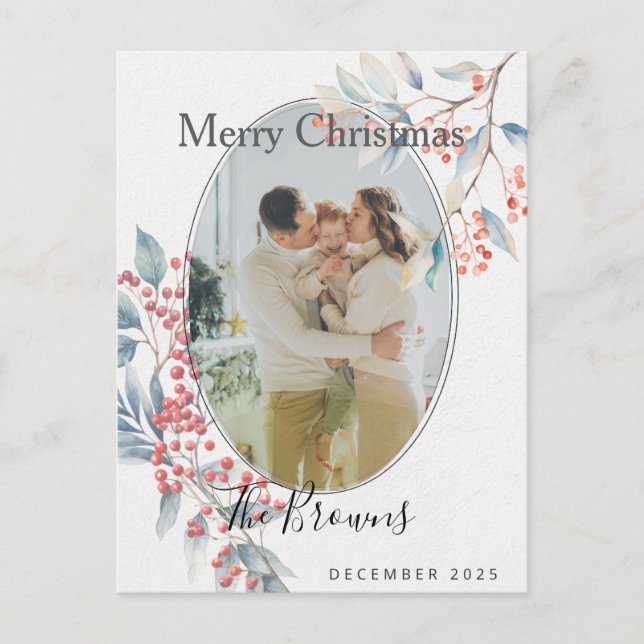 Watercolour Winter Berries Photo X-mas Postcard Vykort (Framsida)