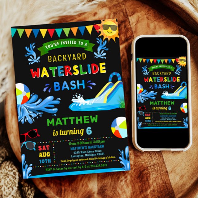 Waterdiag Bash Summer Boy Födelsedagsfest Inbjudningar (Waterslide Bash Summer Boy Birthday Party Invitation)