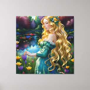 *~ Waterfall AP56 Art Blonde Woman Pond Flowers Canvastryck