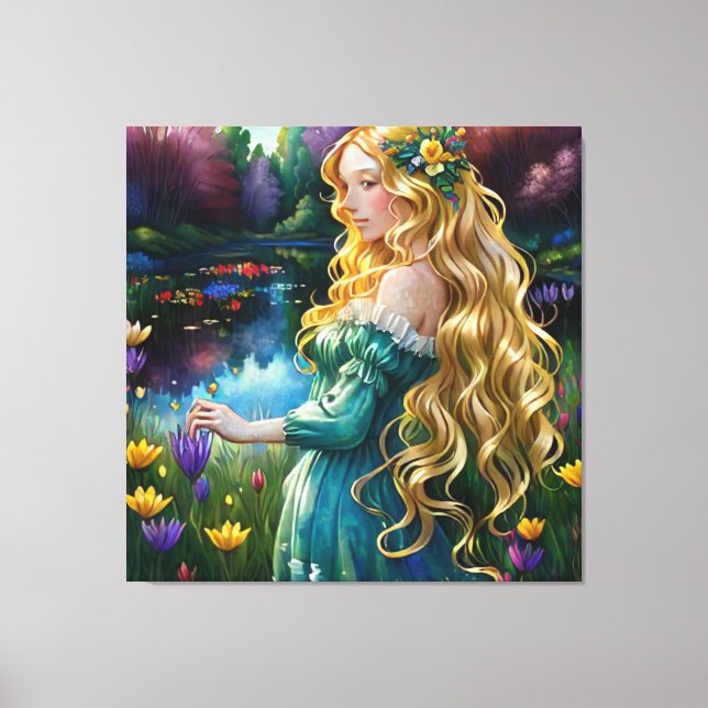 *~ Waterfall AP56 Art Blonde Woman Pond Flowers Canvastryck (Framsida)