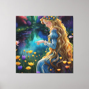 *~ Waterfall AP56 Art Woman Pond Point Flowers Canvastryck