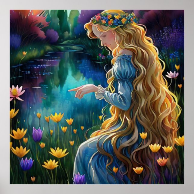 *~ Waterfall Beautifu AP56 Woman Pond Flowers Poster (Framsidan)