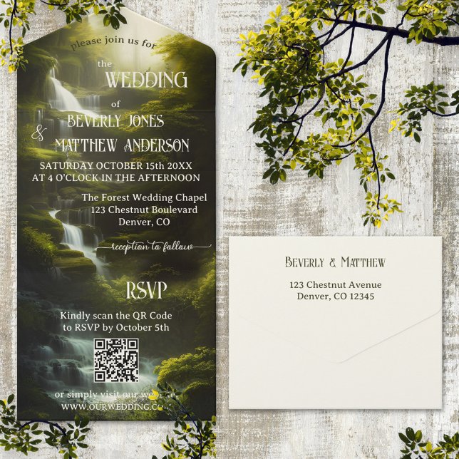 Waterfall Forest Greenery QR Code Bröllop (All in one wedding invitation featuring a magical forest design with waterfalls and QR code template)