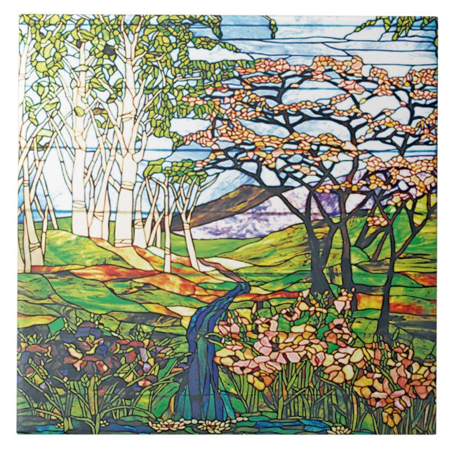 Waterfall Iris Birch Tiffany Stached Glass Vintage Kakelplatta (Framsidan)