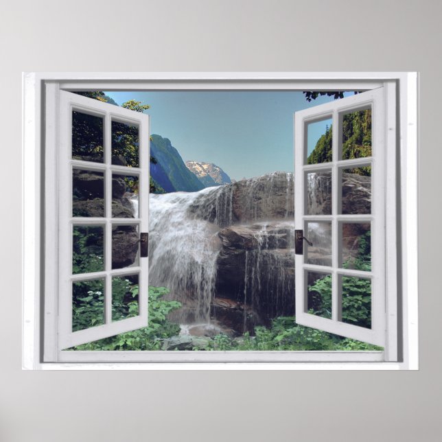 Waterfall Mountain Faux Window View Poster (Framsidan)