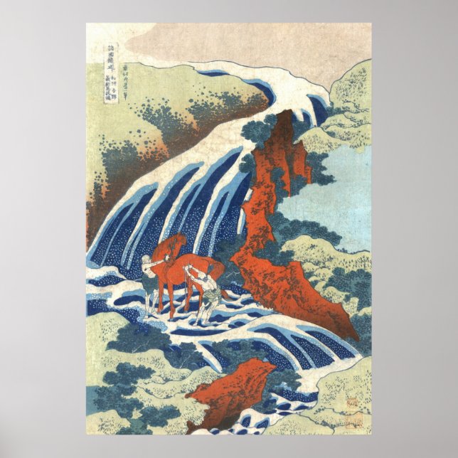Waterfall och Horse, Katsushika Hokusai Poster (Framsidan)