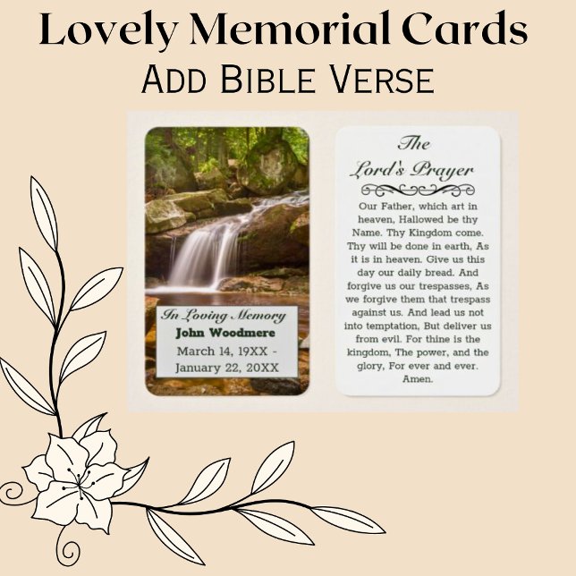 Waterfall Prayer Memorial Funeral Card Visitkort (Funeral Cards with Christian Prayer)
