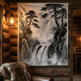 Waterfall Tapestry | Black & White Mountain Art