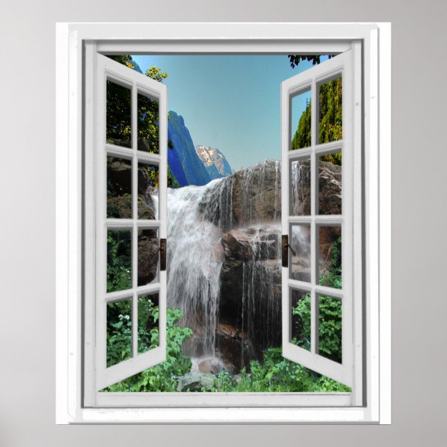 Waterfall Trompe l'oeil Effect Faux Window View Poster (Framsidan)