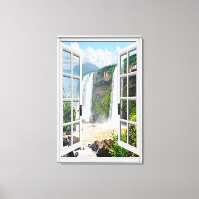 Waterfall View Trompe L'oeil Fake Window Canvastryck (Framsida)