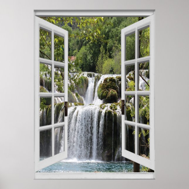 Waterfall View Trompe l'oeil Fake Window Poster (Framsidan)
