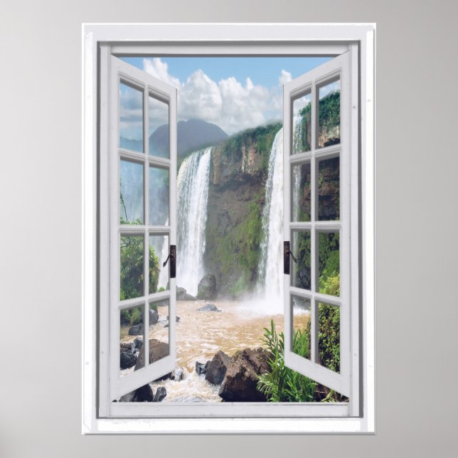 Waterfall View Trompe l'oeil Faux Window Poster (Framsidan)