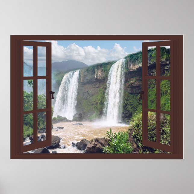 Waterfalls Trompe l'oeil Faux Window Poster (Framsidan)