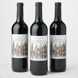 Waterfront Cityscape Chicago Bröllop Vinflaska Etikett