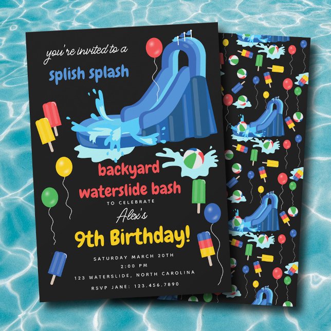 Waterglids Kids Sommardag i Stänk Inbjudningar (Waterslide Kids Summer Splish Splash Birthday Invitation)