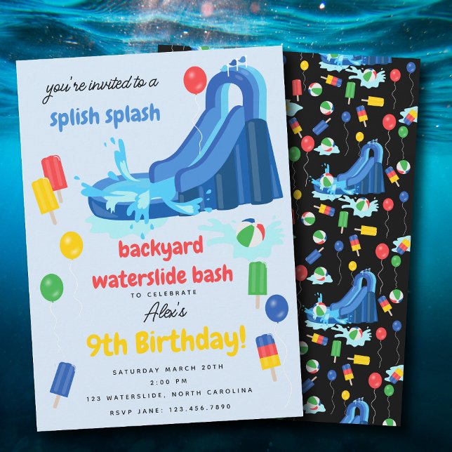Waterglids Kids Sommardag i Stänk Inbjudningar (Waterslide Kids Summer Splish Splash Birthday Invitation)