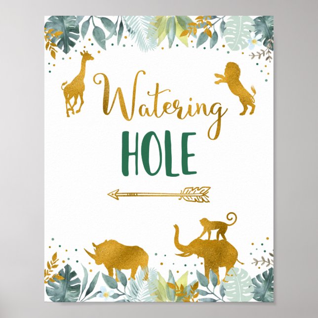 Watering av Hål Greenery Guld Safari Birthday Sign Poster (Framsidan)