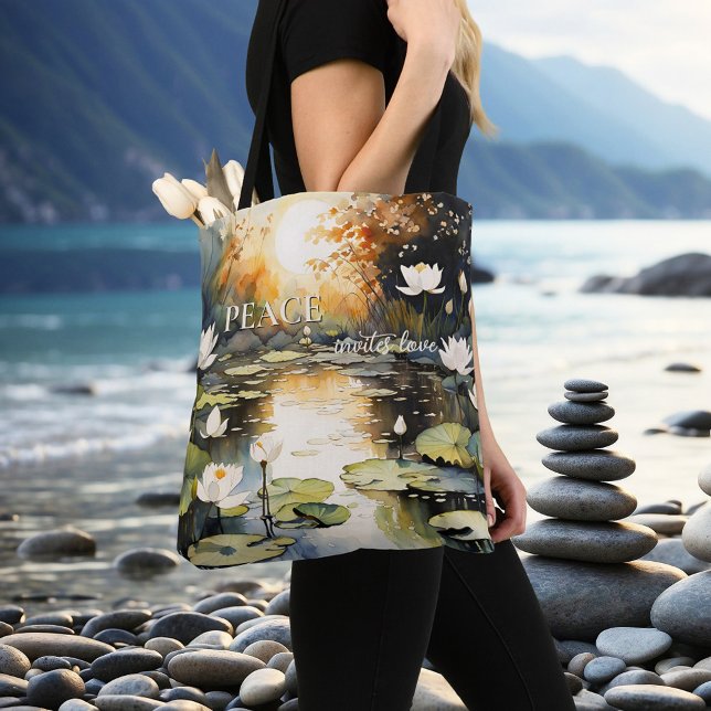 Waterlilies Pond Peace Kärlek Meditation Tygkasse (Tote bag featuring peaceful watercolor waterlilies in a pond - meditation - yoga - zen - mindfulness)