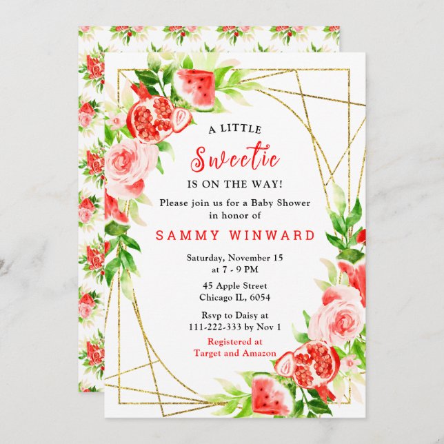 Watermelon and Pomegranate Baby Shower Inbjudningar (Fram/baksida)