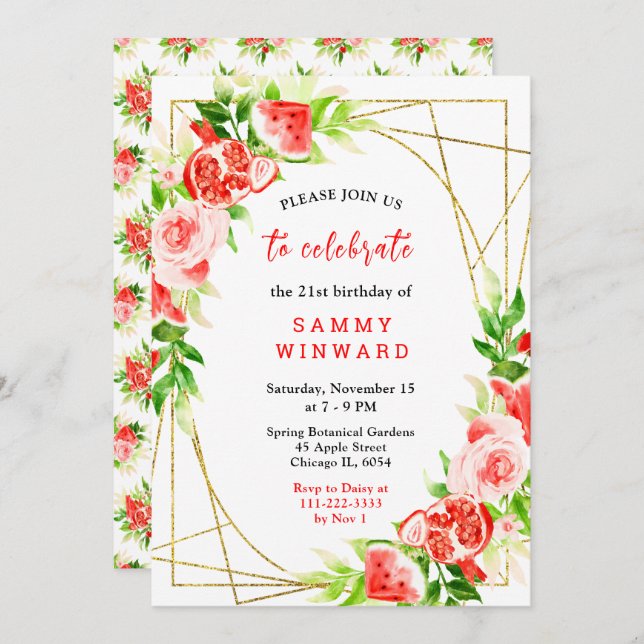 Watermelon and Pomegranate Birthday Inbjudningar (Fram/baksida)