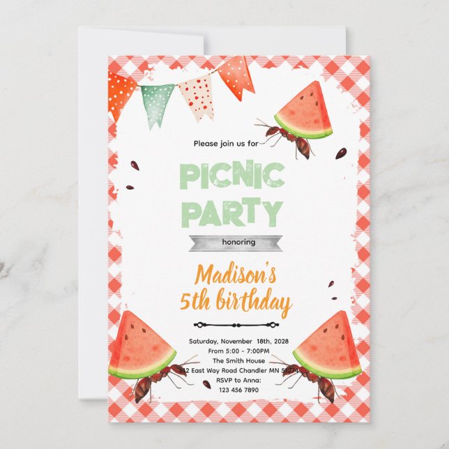 Watermelon ant picnic party invitation inbjudningar (Framsida)