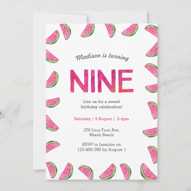 Watermelon Birthday inbjuden till 9:e födelsedagen Inbjudningar (Framsida)
