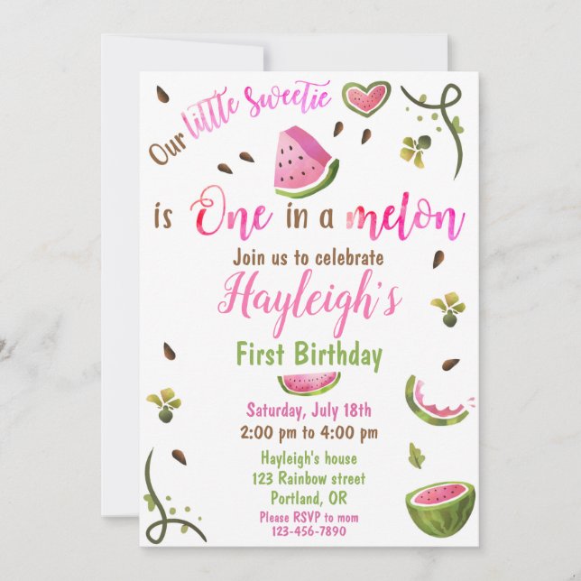 Watermelon birthday invitation One in a melon girl Inbjudningar (Framsida)