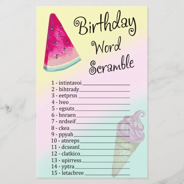 Watermelon Birthday Ord Scramble Game (Framsida)