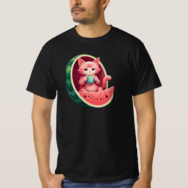 Watermelon Cat Coffee Break T Shirt (Framsida)